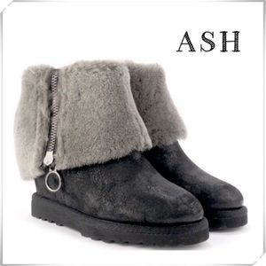 ASH Yorkie Genuine lamb Fur Wedge Sheepskin Bootie in Black
